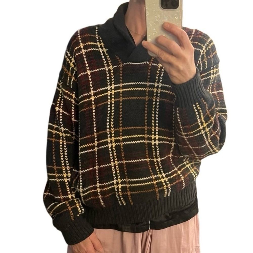 Plaid Sweater Babe Didrikson Shawl Neck 1/4 pullover Black Brown Cotton Vtg  L